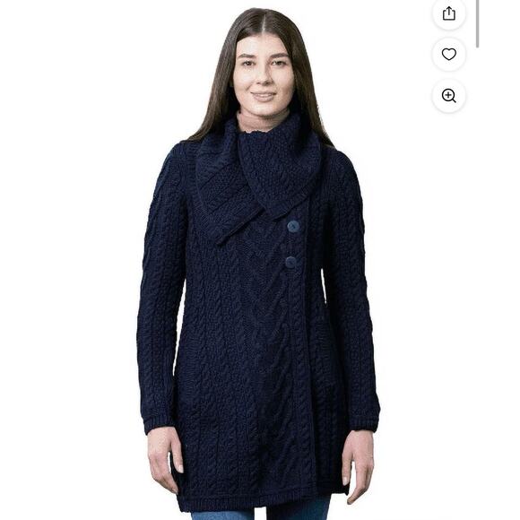 SAOL Ireland Merino Wool Cable Knit Long Line Cardigan Sweater Warm Size M - Picture 1 of 9